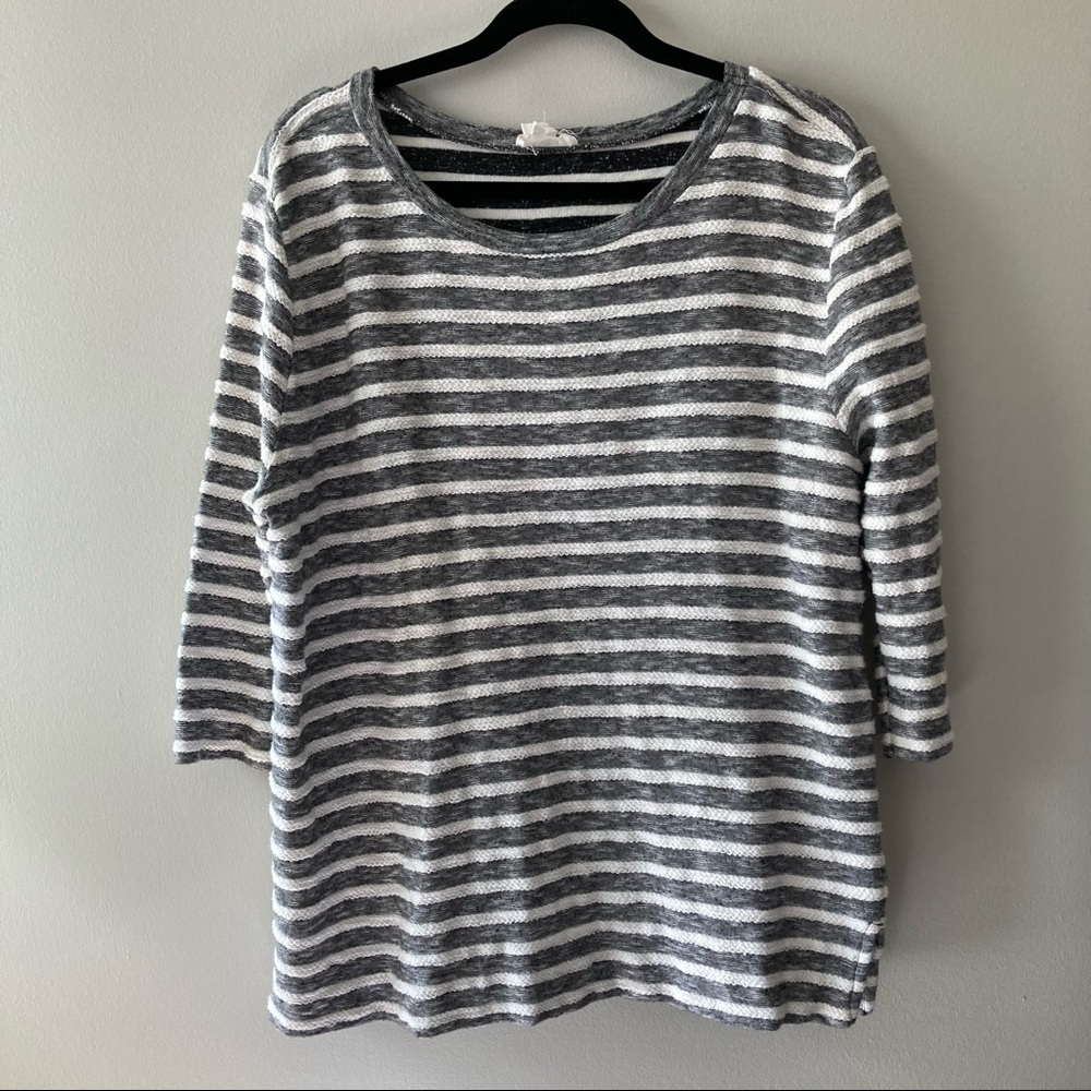 LOFT Outlet Lounge Blouse Shirt Size Large White Gray Stripes Cotton 3/4 Sleeve
